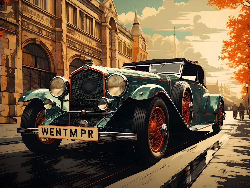 Golden Autumn Streets – Classic Car Art For Office Or Den
