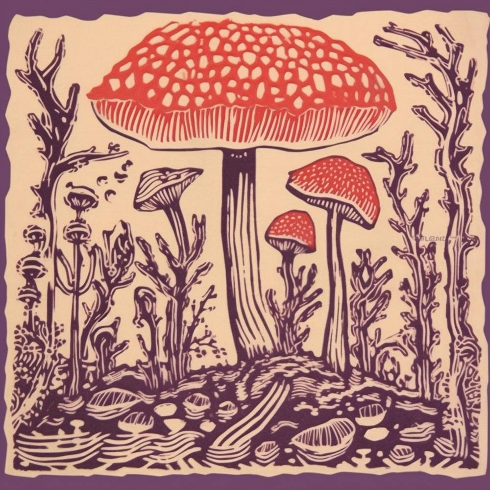 Mushroom Woodcut Purple 9