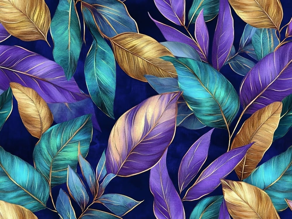 3d Tropical Colorful Leaves in Blue Green Gold Purple