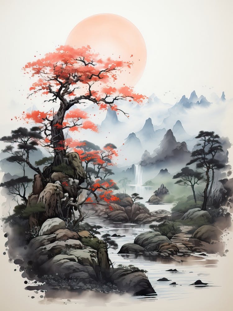 Aso Caldera In Kumamoto, Japanese Brush Painting, Ukiyo E, Minimal 2