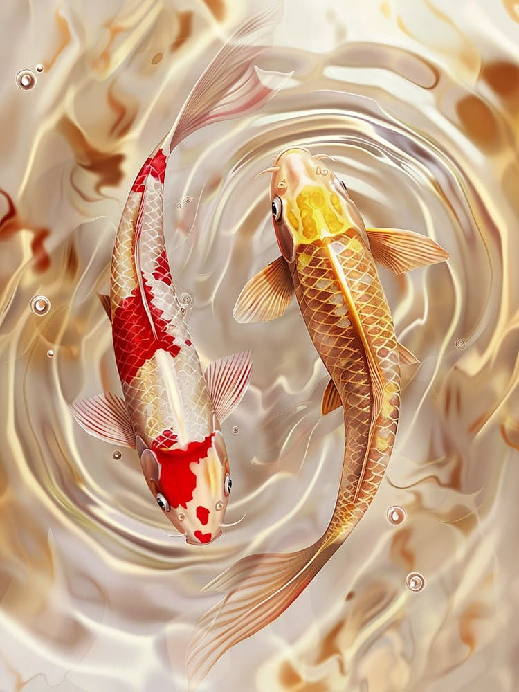Golden Koi Fish in Abstract Water Flow