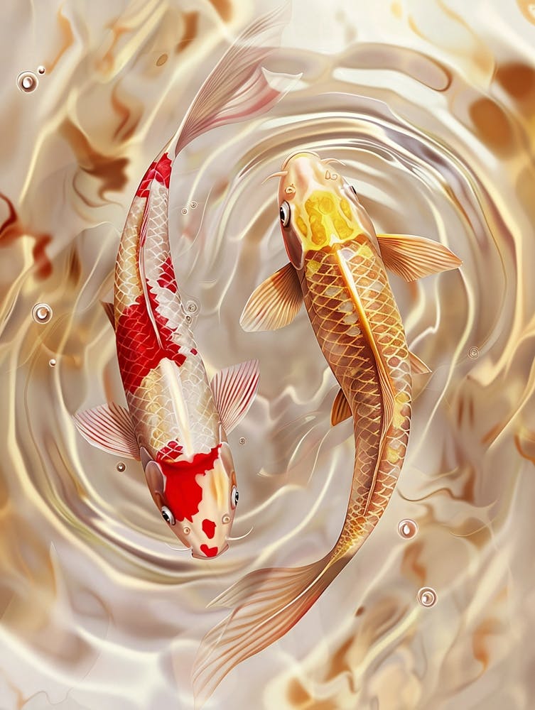 Golden Koi Fish in Abstract Water Flow