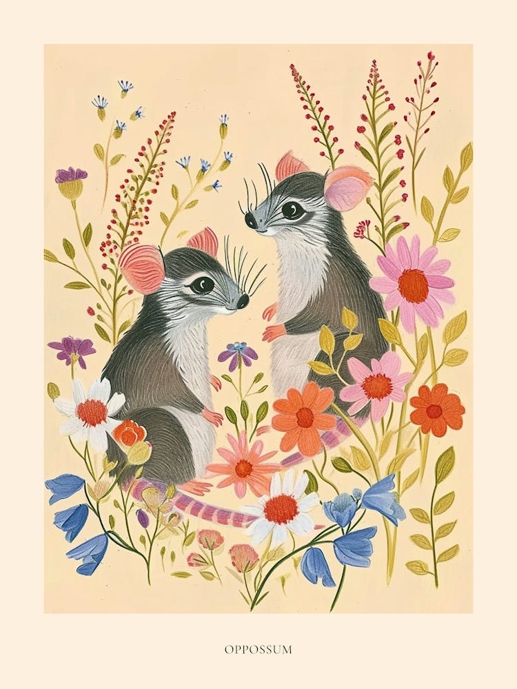 Folksy Floral Animal Drawing Oppossum 2 Poster