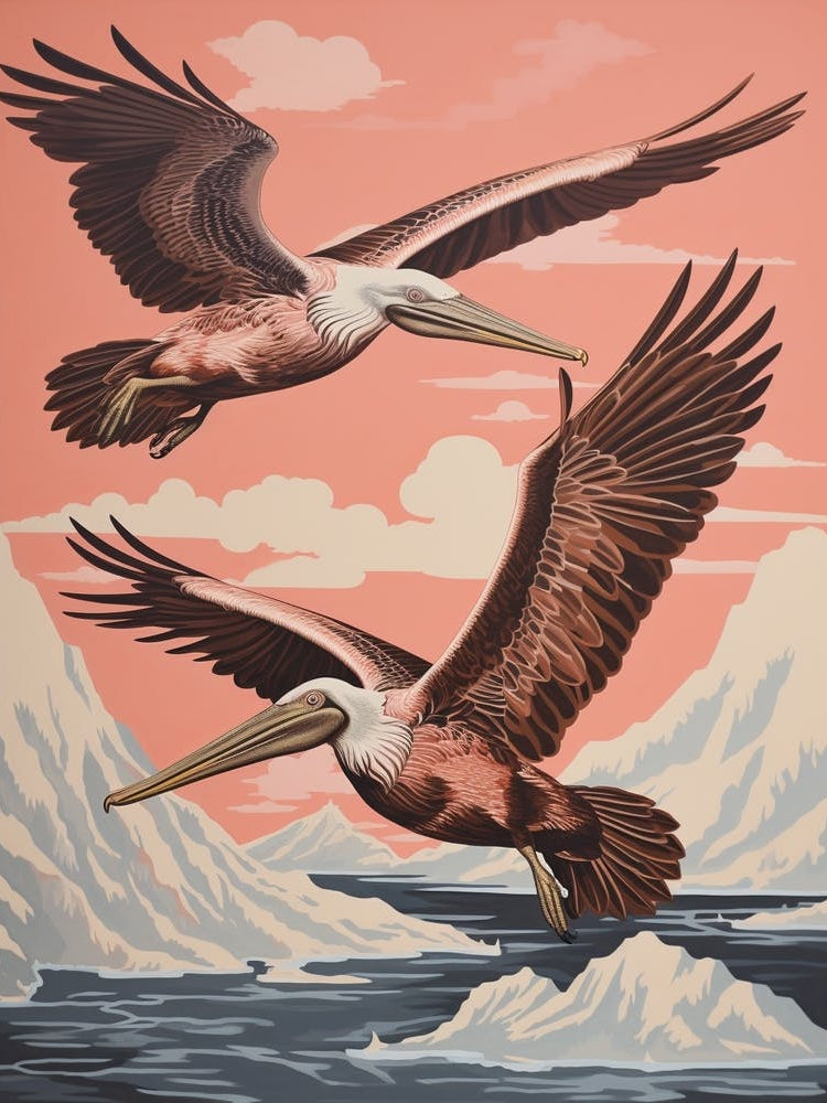 Vintage Japanese Inspired Bird Print Brown Pelican