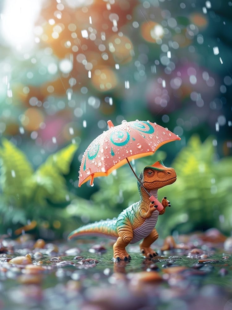 Toy Dinosaur Walking Through The Rain With An Umbrella 2