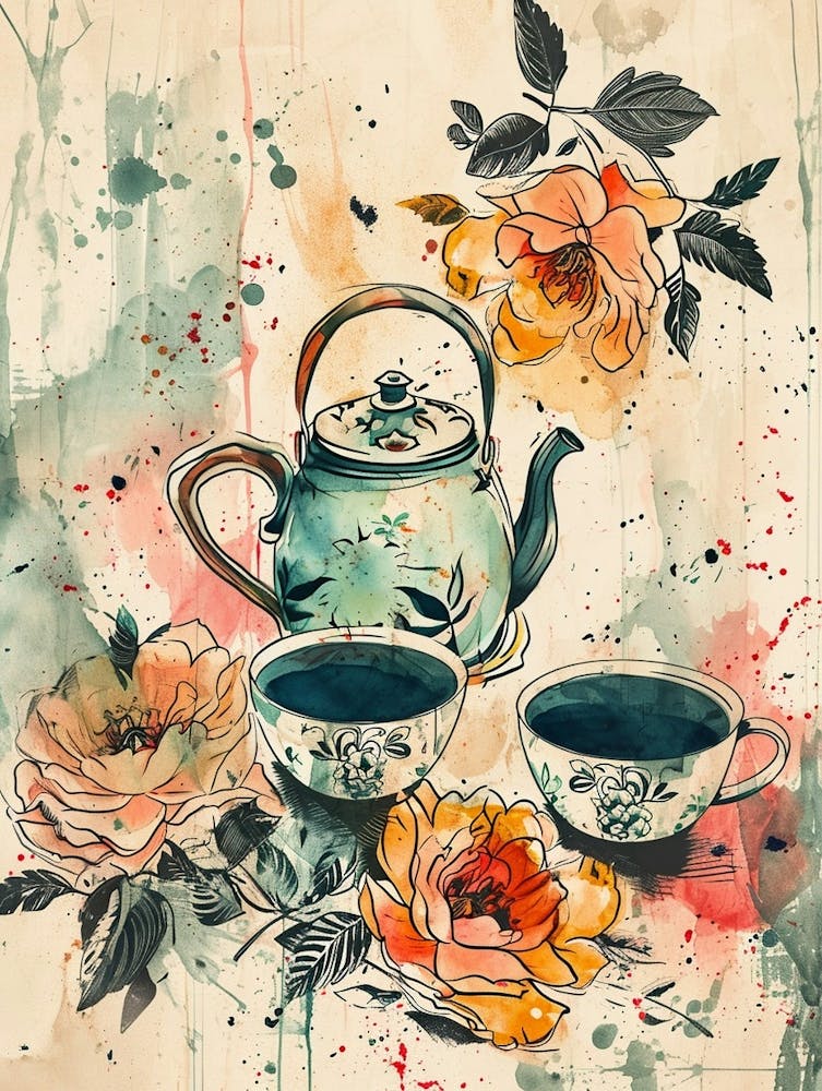 Watercolour Floral Teapot & Cups 1