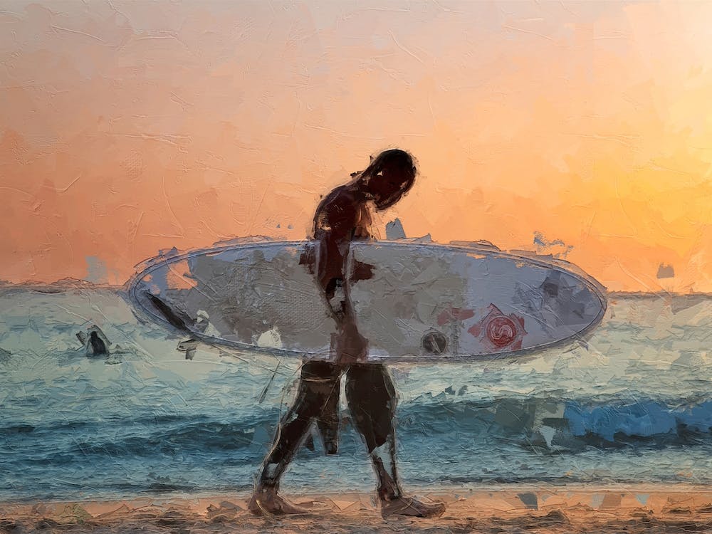 Surfer Goes Home At Sunset Oil Painting Landscape