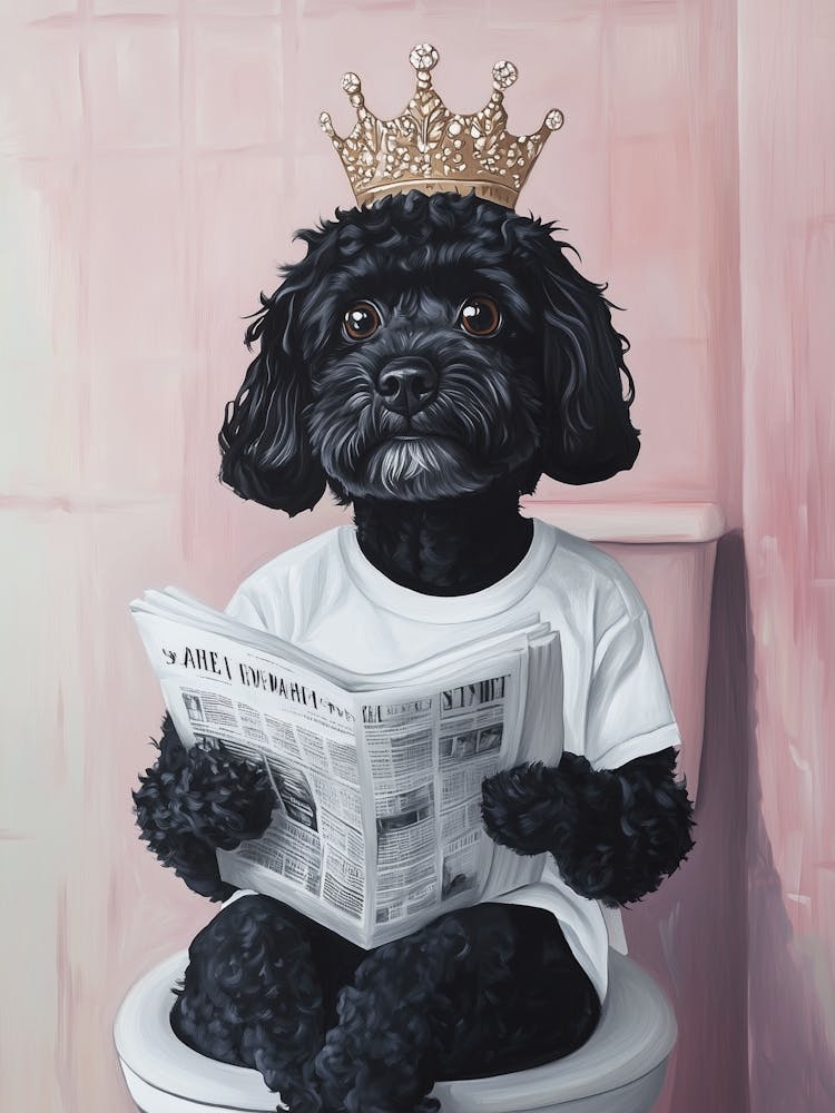 Black Cockapoo Wearing A Crown And Sitting On The Toilet