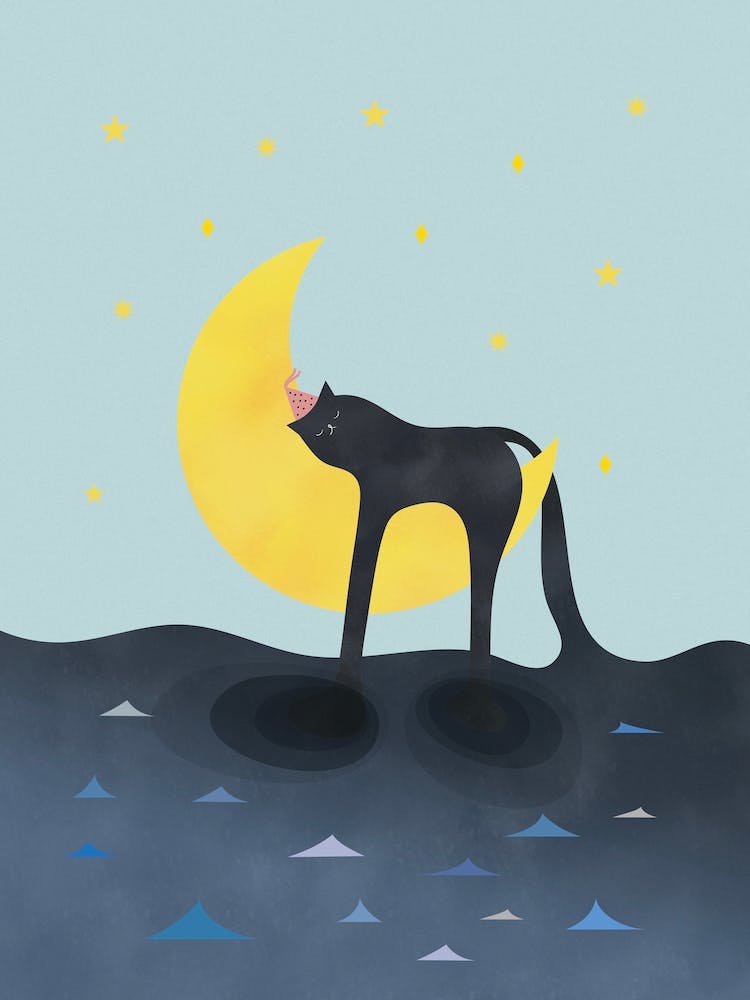 Beauty Sleep - Melting Cat on the crescent moon