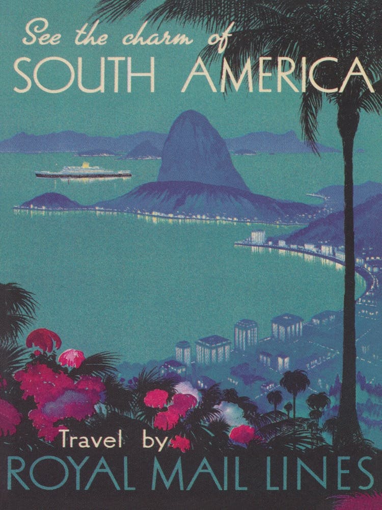 South America Vintage Travel Poster, Sugarloaf Mountain in Brazil