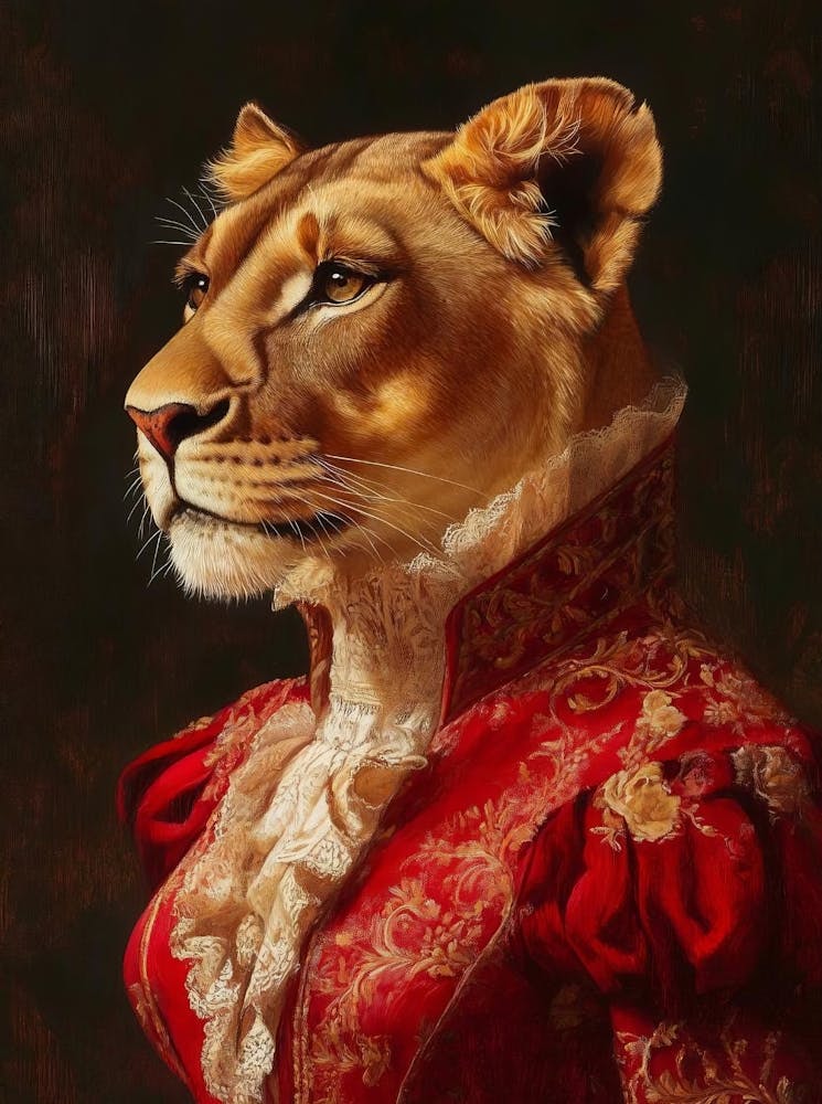 Victorian Animal Portrait, Royal Lady Lion Vintage Print, Dressed Animal Painting, Renaissance Animal Printable, Animal Lover Gift
