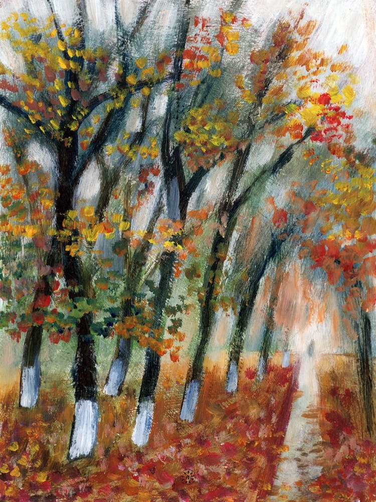 Promenade d'automne - Anton Maliar - arbres d'automne feuilles paysage vertical orange marron nature peint à la main