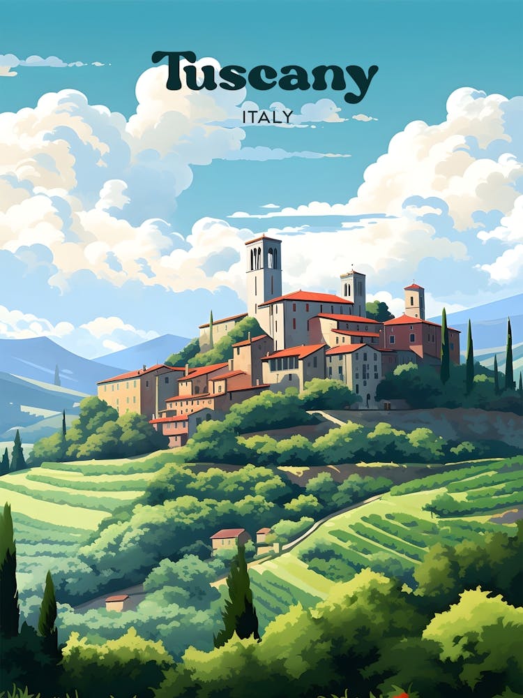 Tuscany Italy Rolling Hills Travel Illustration