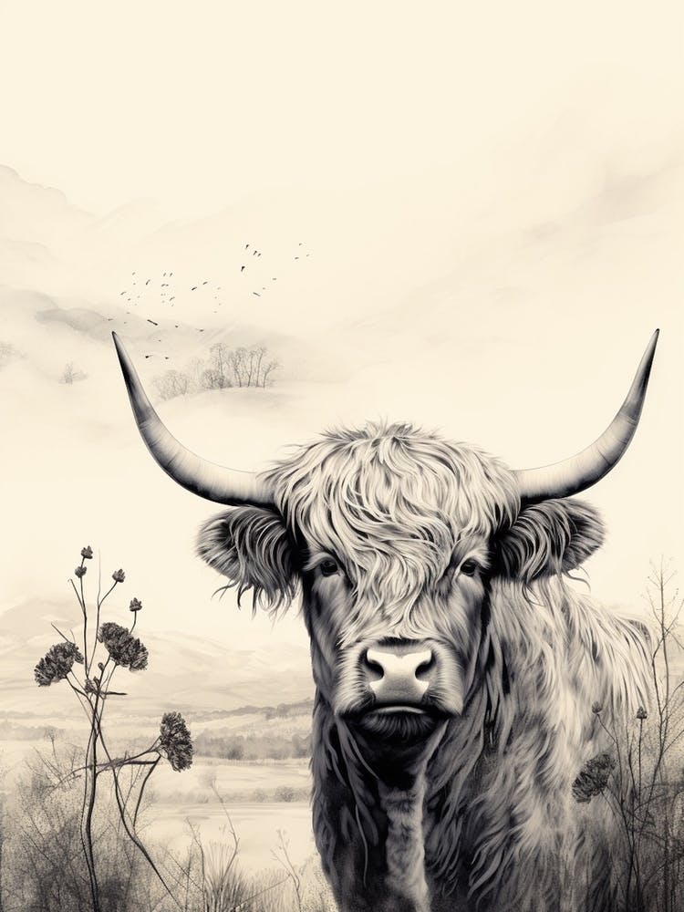 Sepia Illustration Of Highland Cow