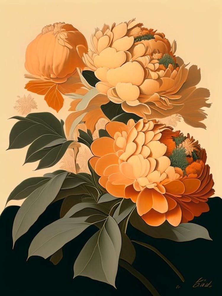 Karl Rosenfield Peonies 2 Orange Vintage Sketch