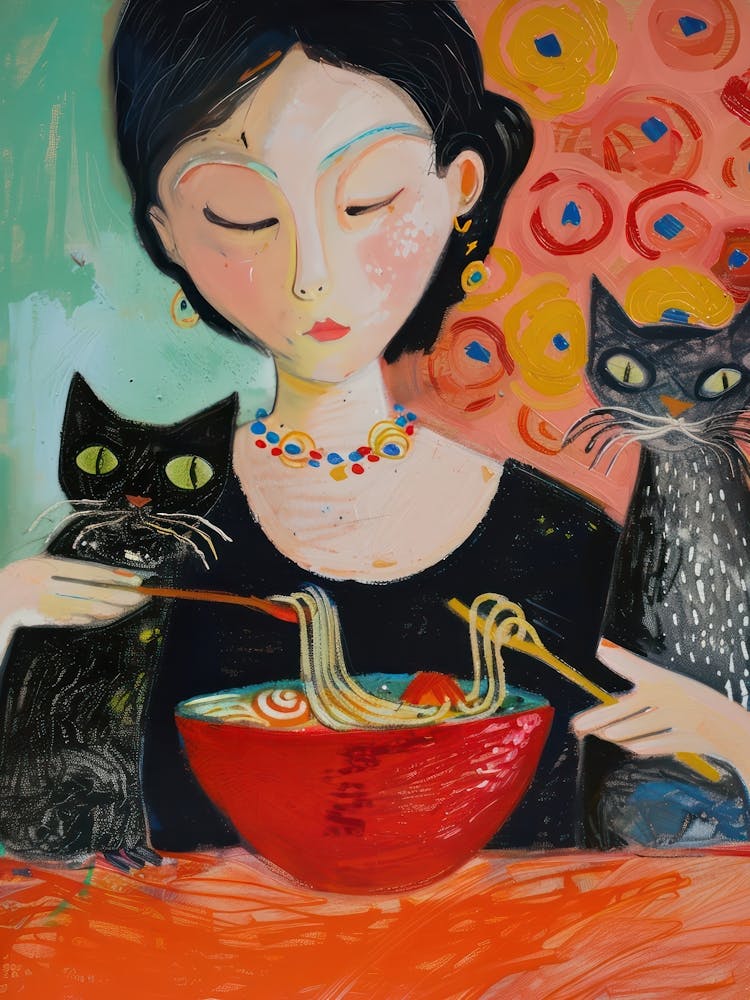 Portrait D'Une Fille Avec Des Chats Mangeant Des Ramen 3