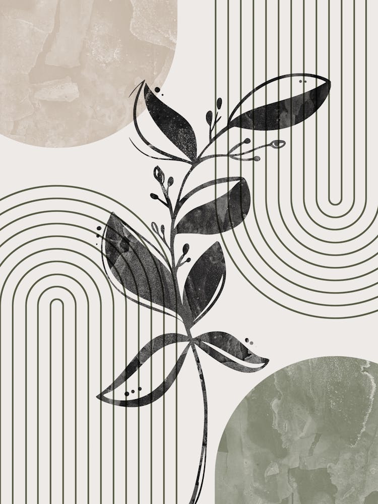 Boho Botanical Art, Sage Green, Black and Beige Mid-Century Modern, Abstract Line 1