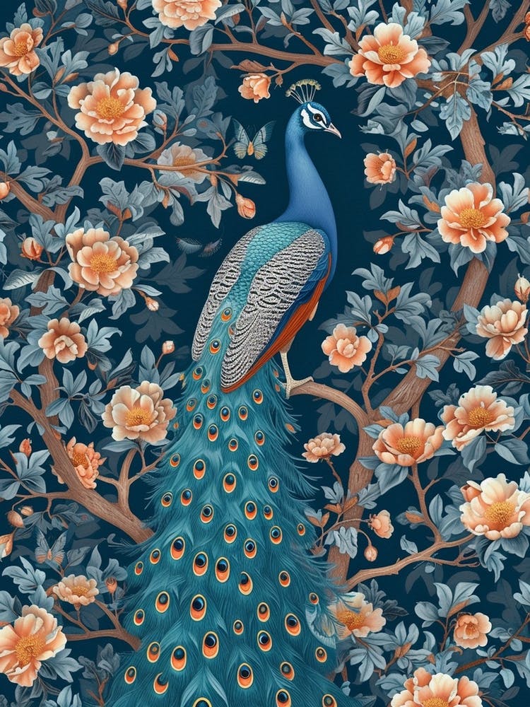 Blue Vintage Floral Peacock Wallpaper 1