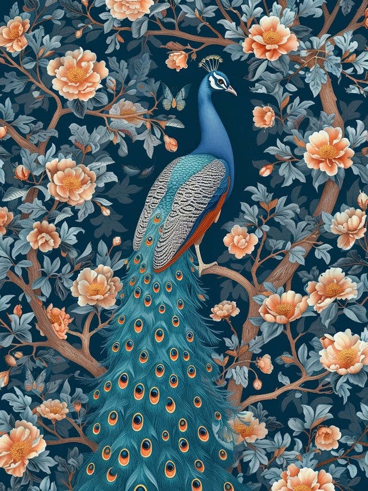 Blue Vintage Floral Peacock Wallpaper 1