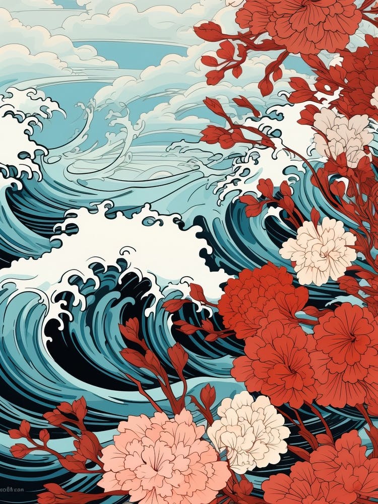 Great Wave With Carnation Flower Drawing In The Style Of Ukiyo E 3