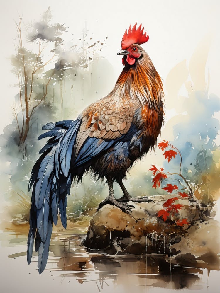 Coq, Peinture au Pinceau Japonaise, Ukiyo E, Minimaliste 2