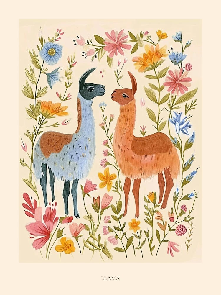 Folksy Floral Animal Drawing Llama Poster