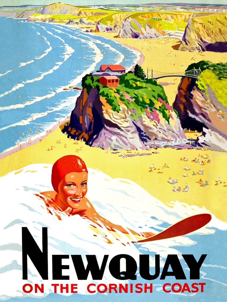 Surfing Woman On Newquay, Britain, Vintage Travel Poster
