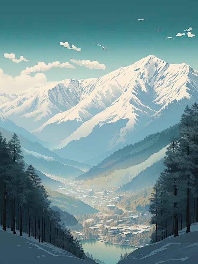 Hakuba Valley Nagano, Japan, Skigebiet Illustration 1 Einfacher Stil