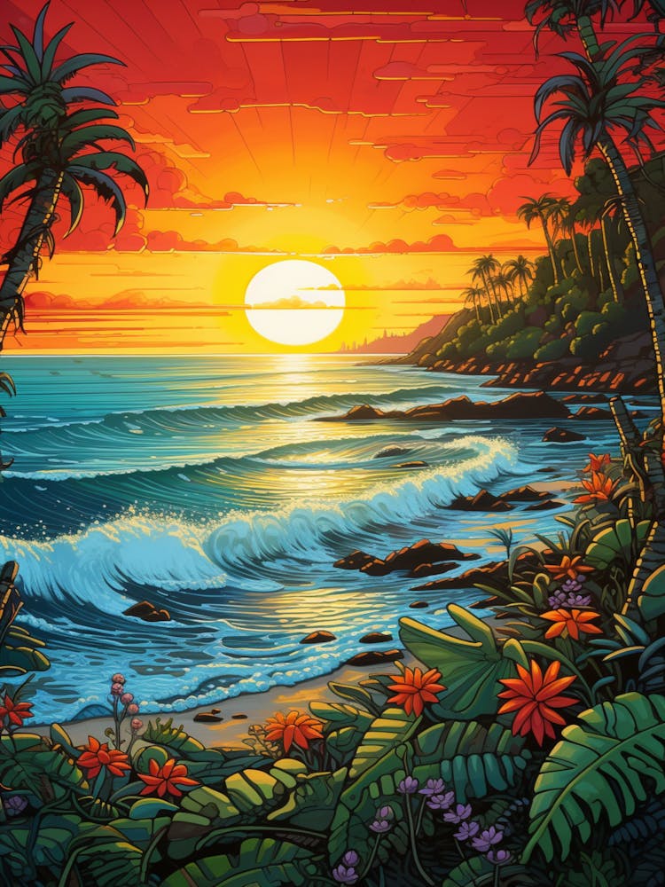 Coral Beach Australia At Sunset, Vibrant Painting 1