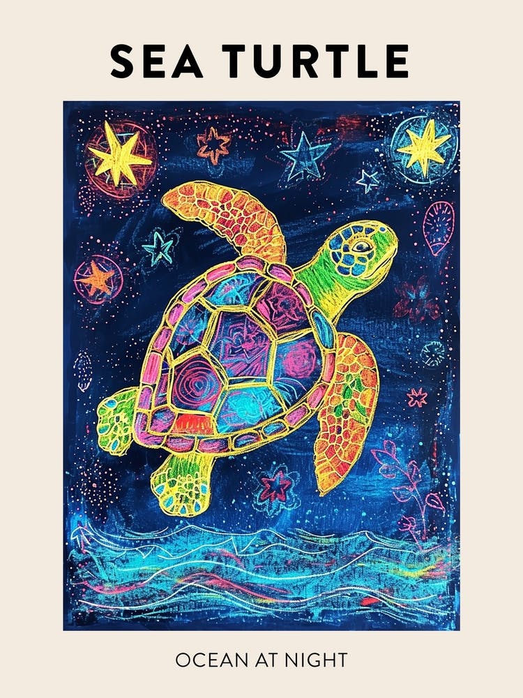 Sea Turtle At Night Crayon Drawing Poster