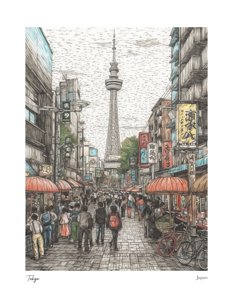 Tokyo Japan Drawing Pencil Style 2 Travel Poster