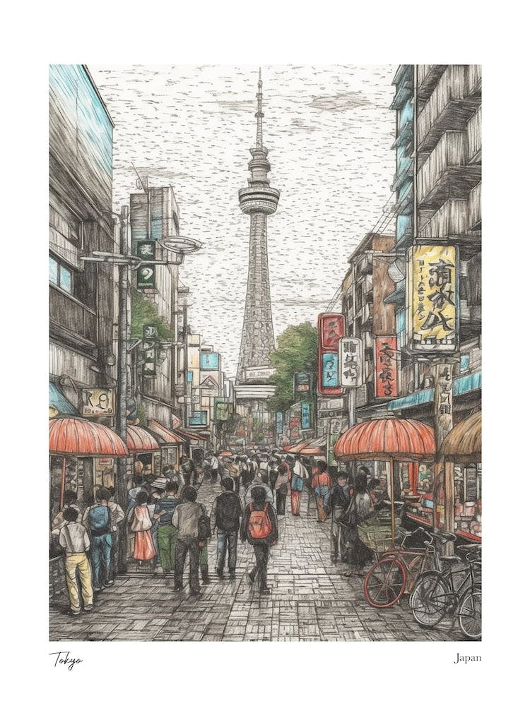 Tokyo Japan Drawing Pencil Style 2 Travel Poster