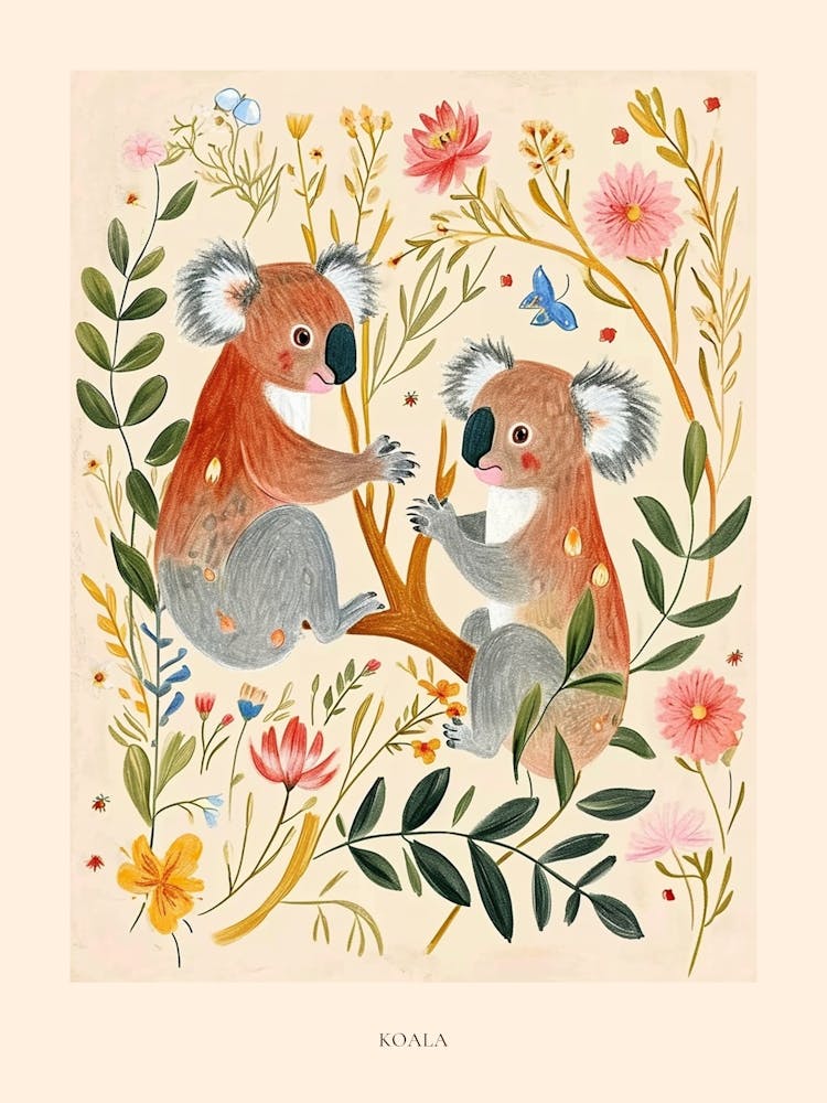 Folksy Floral Animal Drawing Koala 4 Poster