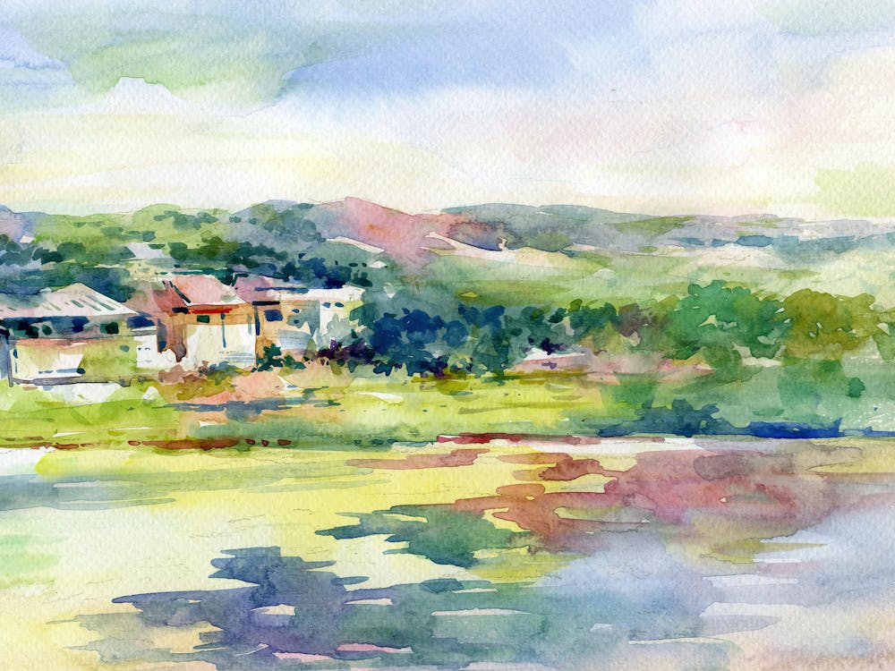 Watercolor landscape Of A Village