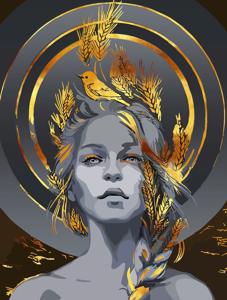 Ethereal Girl With Golden Wheat And Bird
