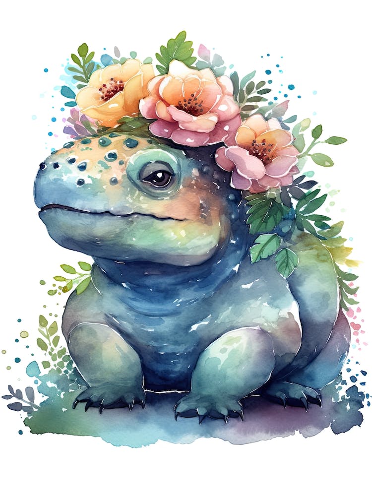 Ankylosaurus With A Crown Of Flowers Cute Dinosaur Watercolour 1