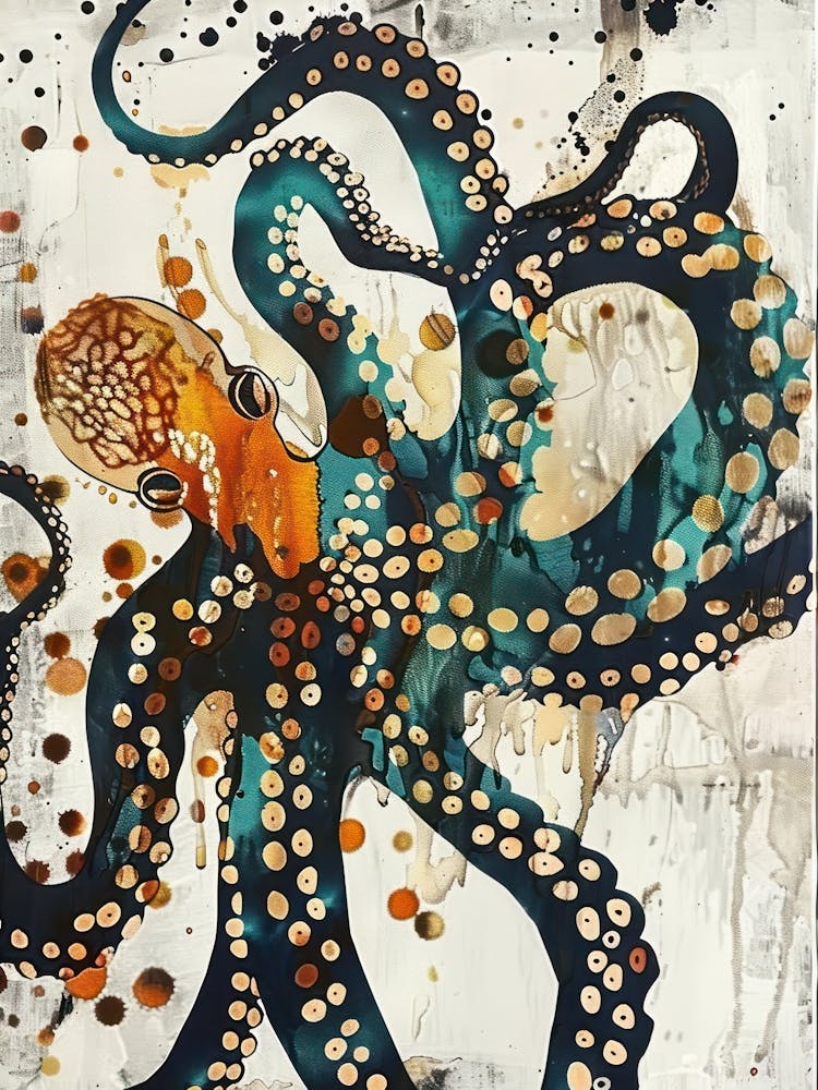 Oktopus-Gemälde Gold-Blau-Effekt Collage 2