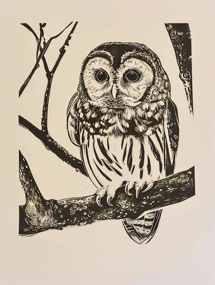 Tawny Owl Linocut Blockprint 3