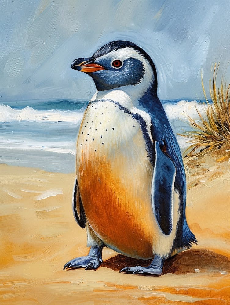 African Penguin Dunedin Taiaroa Head Oil Painting 3