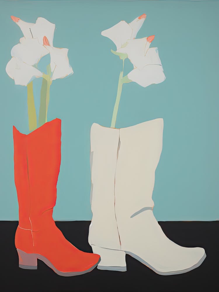 A Painting Of Cowboy Boots With White Flowers, Pop Art Style 8