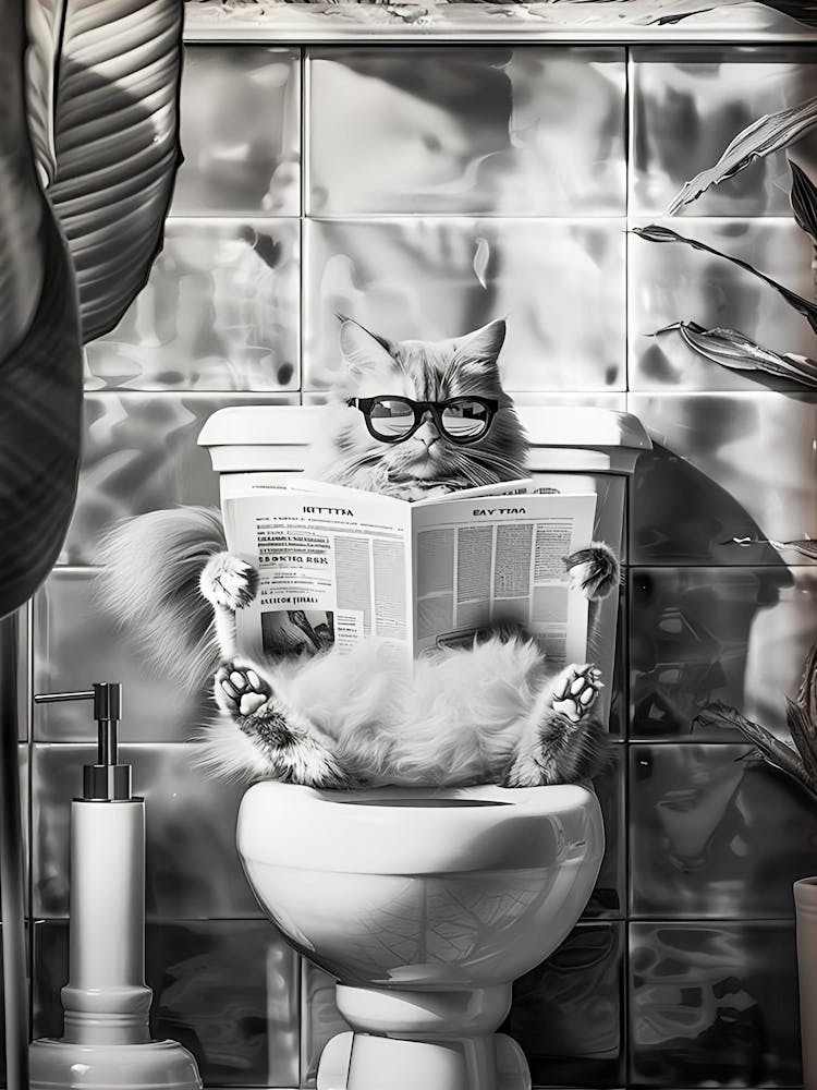 Black And White Bathroom Cat Print, Funny Posters, Bathroom Wall Decor, Toilet Wall Art, Funny Cat Poster, Black Cat Poster, Toilet Poster