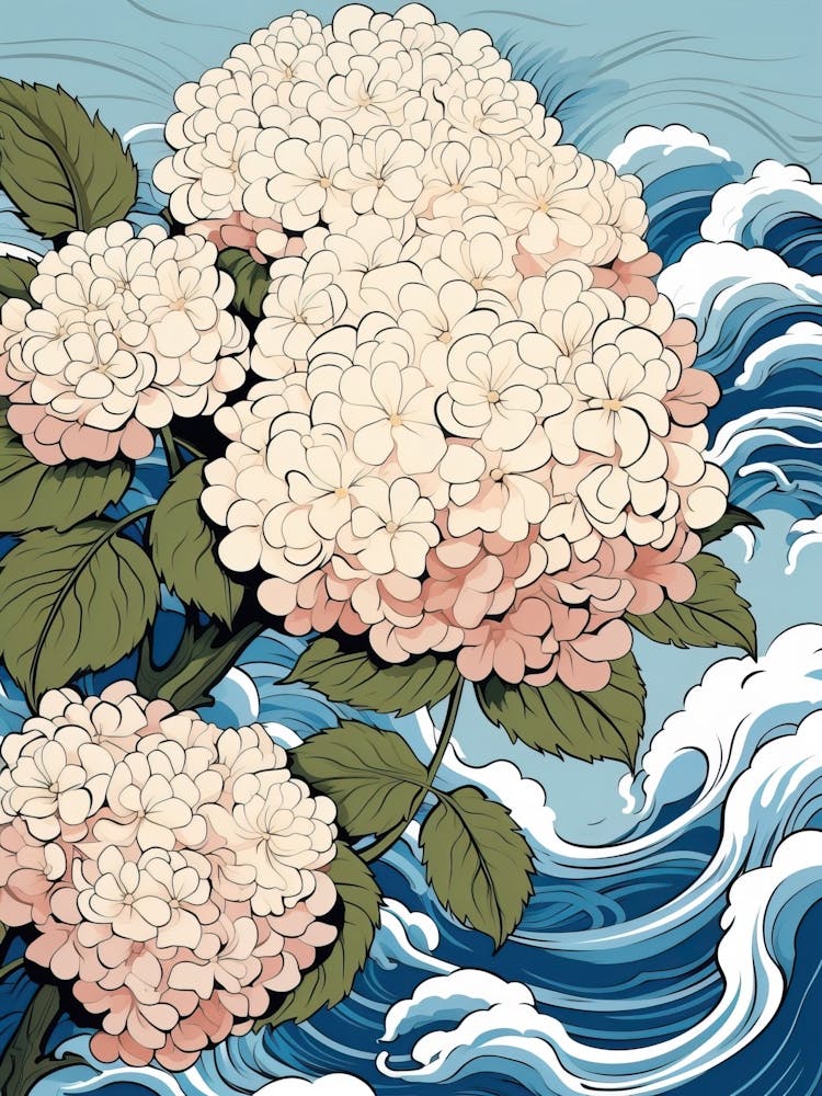 Great Wave Mit Hortensienblütenzeichnung Im Stil Von Ukiyo E 1