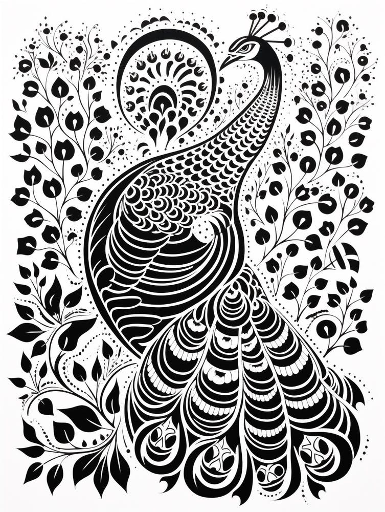 B&W Bird Linocut Peacock 1