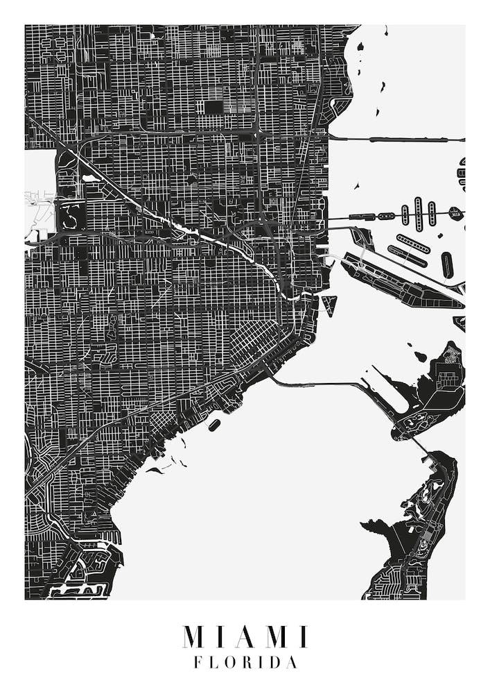 Miami Florida Minimal Black Mono Street Map 