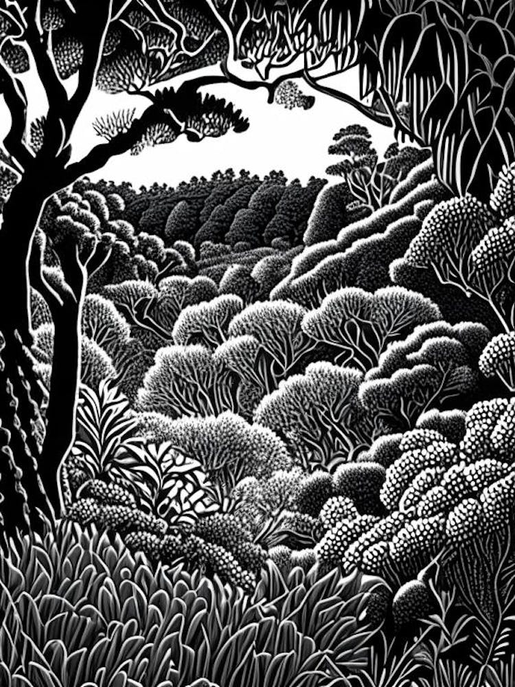 Adelaide Hills  Mount Lofty Botanic Garden, 3,  Australia Linocut Black And White Vintage