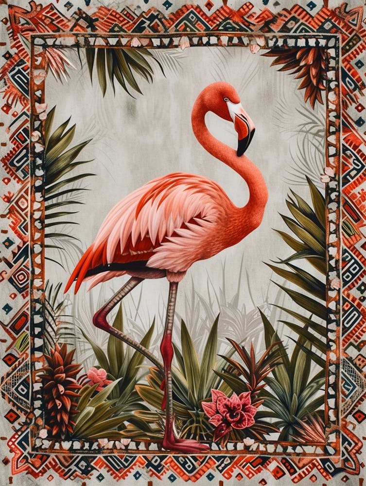 Greater Flamingo And Bromeliads Boho Print 4