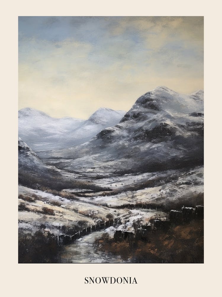 Vintage Winter Painting Poster Snowdonia National Park United Kingdom 2