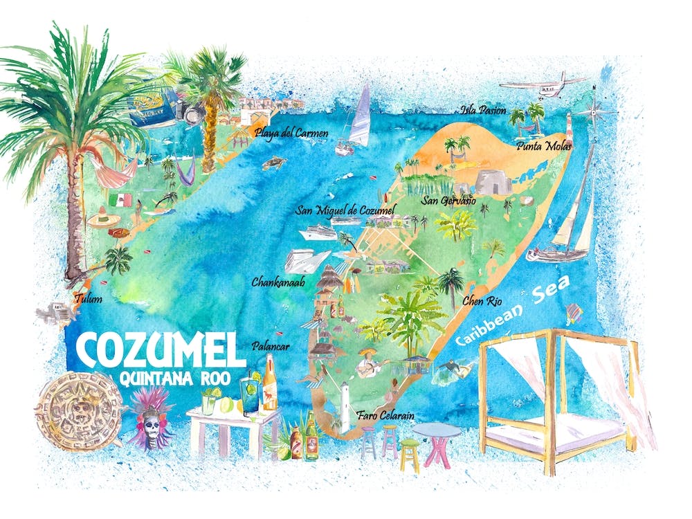 Cozumel Mexico Islands Illustrated Travel Map With Roads And Highlights