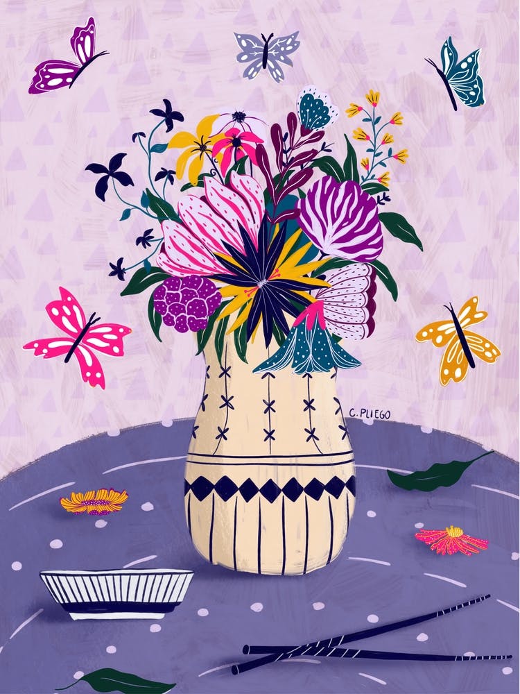 Stillleben Asiatische Fusion Schmetterlinge Buntes Blumenbouquet