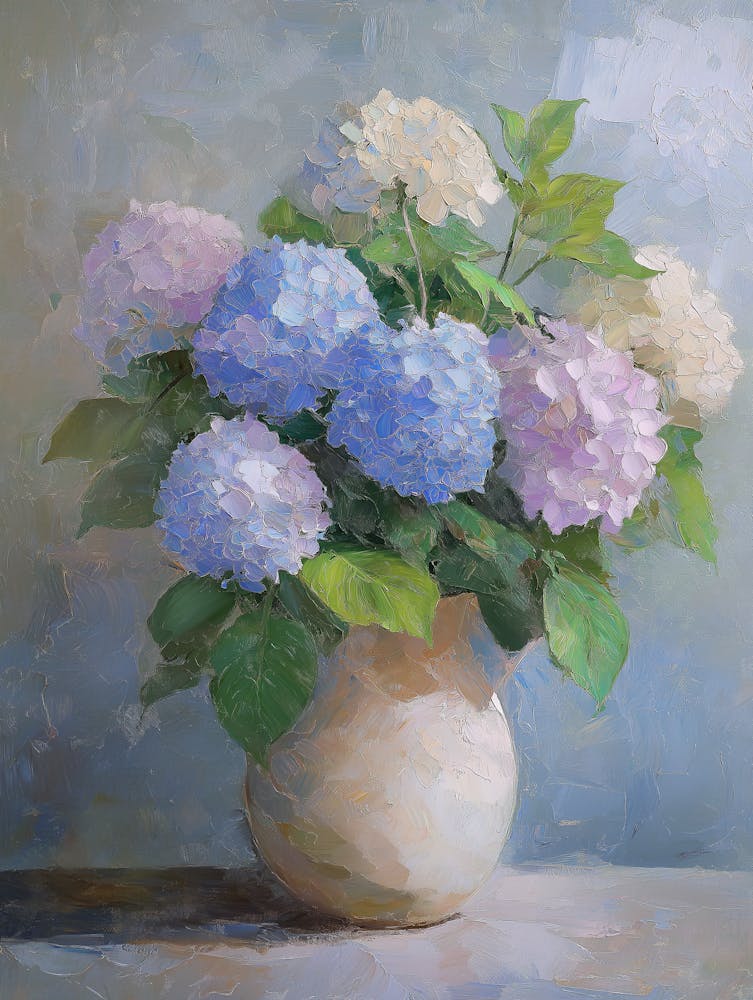 Painting Of A Bouquet Of Hydrangeas In A Vase